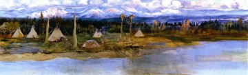 Charles Marion Russell Painting - kootenai camp on swan lake unfinished 1926 Charles Marion Russell